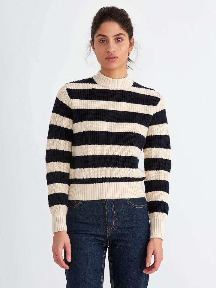 Frank + Oak Ribbed-cotton Crewneck Sweater In Striped Blue