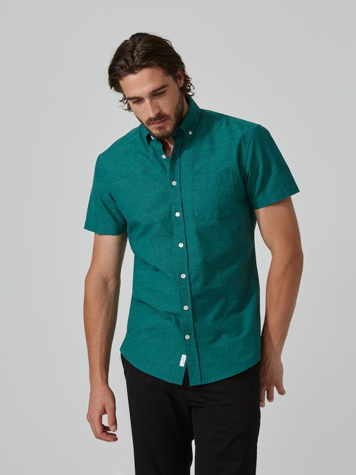 Frank + Oak The Jasper Oxford Short-sleeve Shirt In Marled Green