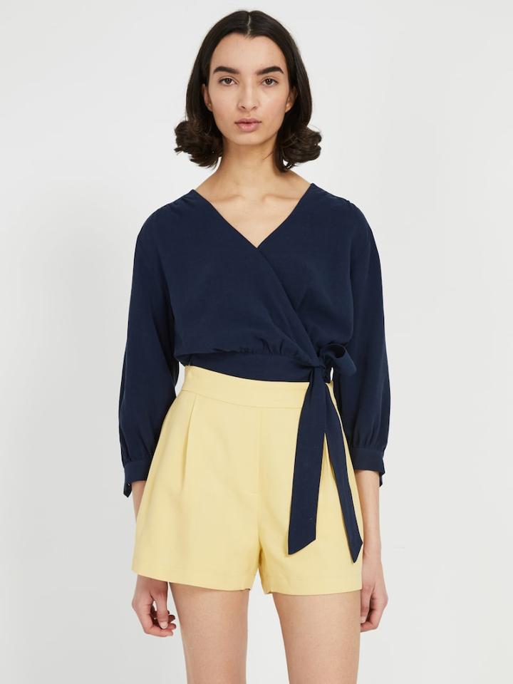 Frank + Oak Cropped Wrap Blouse - Navy