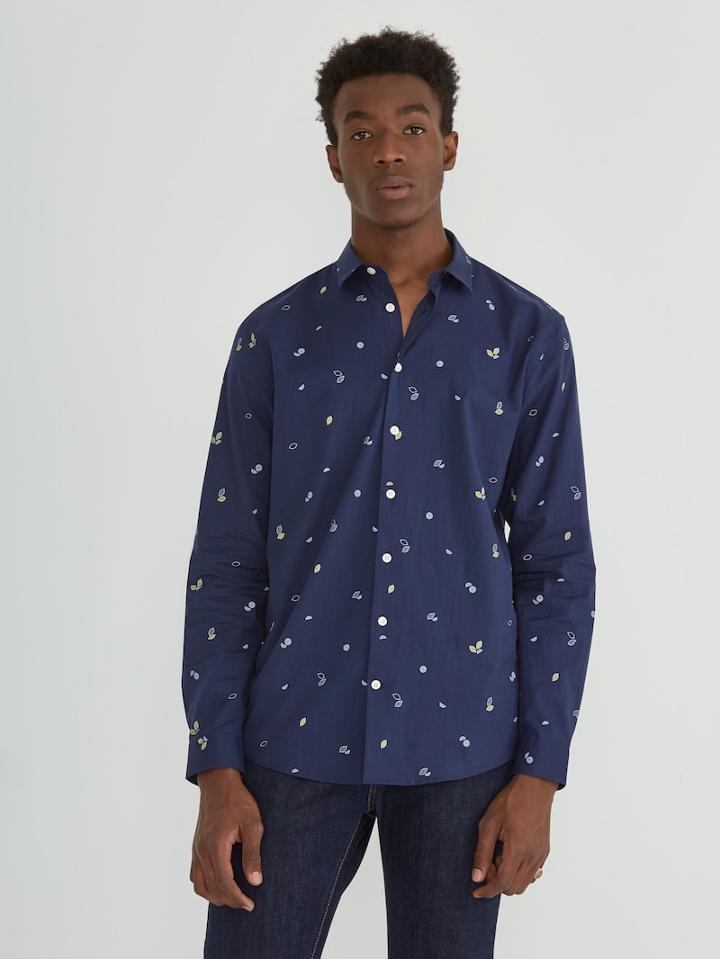 Frank + Oak The Paolo Lemon Print Garment Dyed Soft Oxford In Peacoat