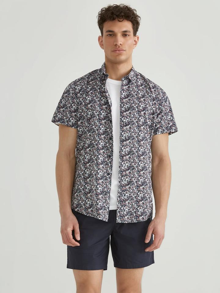 Frank + Oak Short-sleeve Splatter Print Supersoft Cotton-blend Shirt In Navy Blue
