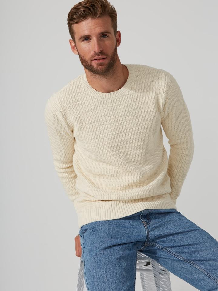 Frank + Oak Two-tone Cotton-blend Crewneck Sweater In Whisper White