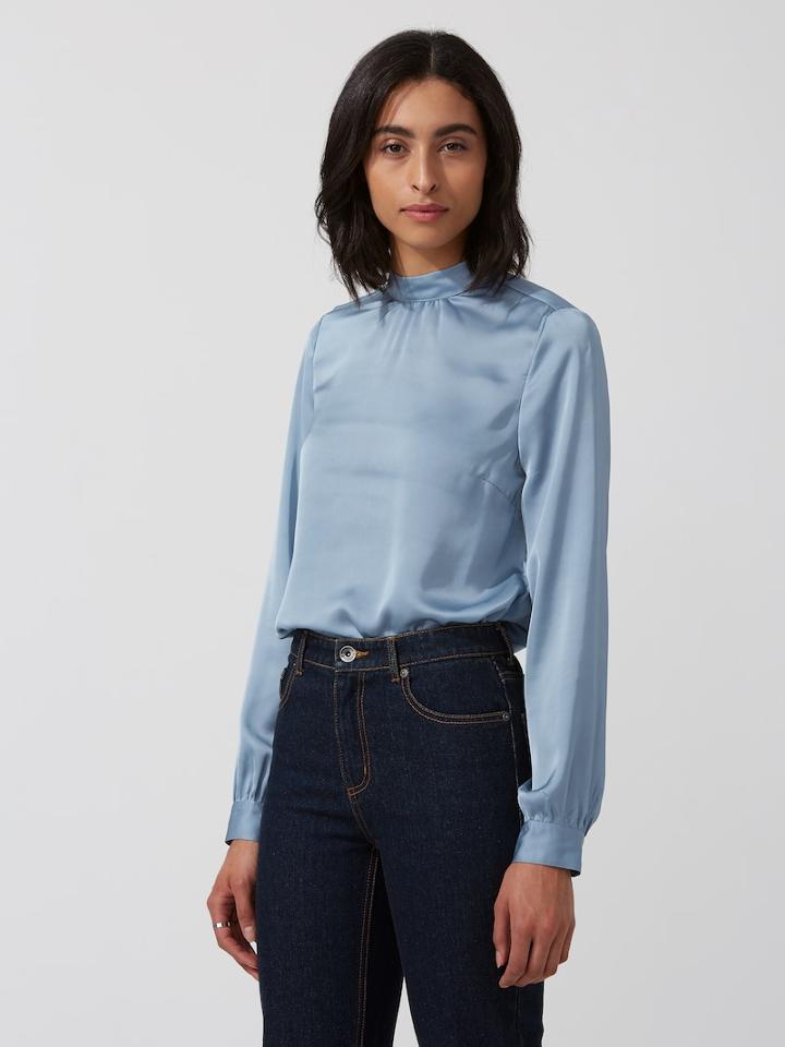 Frank + Oak Satin Gathered Mock-neck Top In Blue