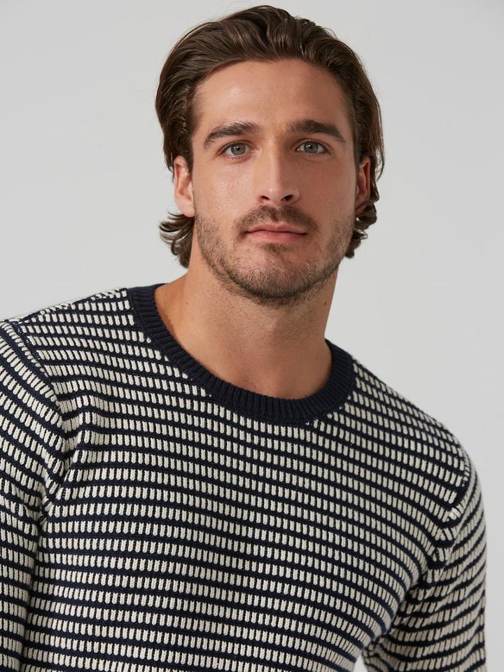 Frank + Oak Two-tone Cotton-blend Crewneck Sweater In Dark Sapphire