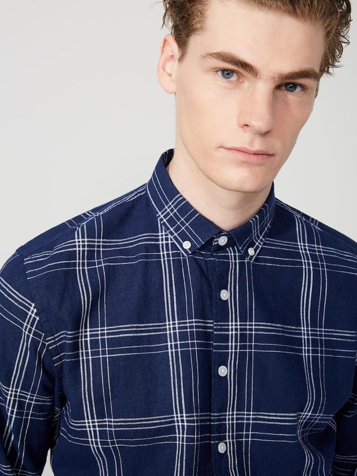 Frank + Oak Cotton-linen Windowpane Shirt In Medieval Blue