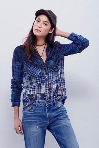 Free People Womens Madras Dip Dye Shirt