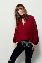 Free People Womens Embr Deep V Blouse