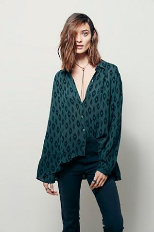 Free People Womens Geo Printed Ruffle Hem Buttondown