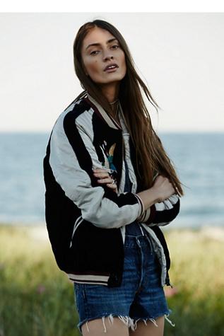 Free People Womens Floral Emb Bomber
