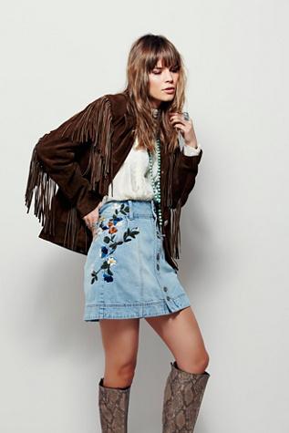 Free People Womens Jackson Embroidered Denim Skirt