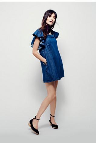 Free People Womens Denim Ruffle Mini Dress