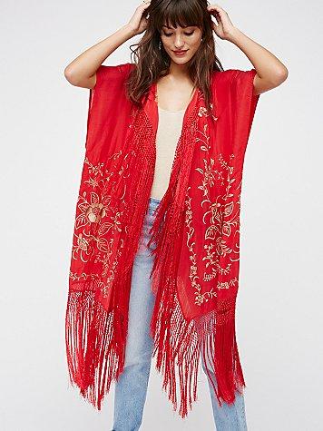 Free People Ophelia Embroidered Fringe Kimono