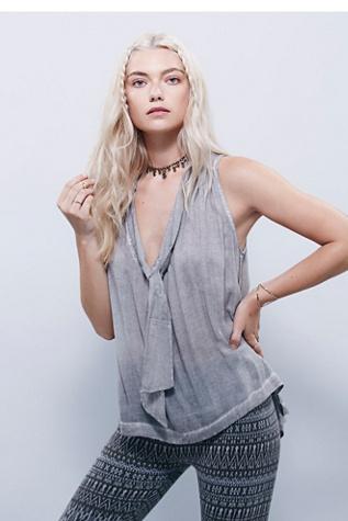 Fp Collection Womens S/l Tie Neck Washed Tuck