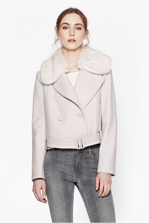 French Connection Platform Faux Fur Wool Jacket