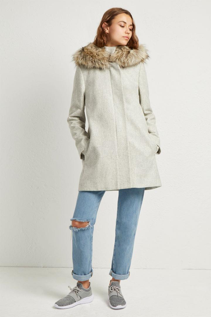 French Connenction Platform Felt Faux Fur Hooded Coat
