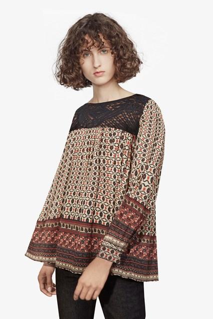 Fcus Lace And Printed Crepe Smock Top