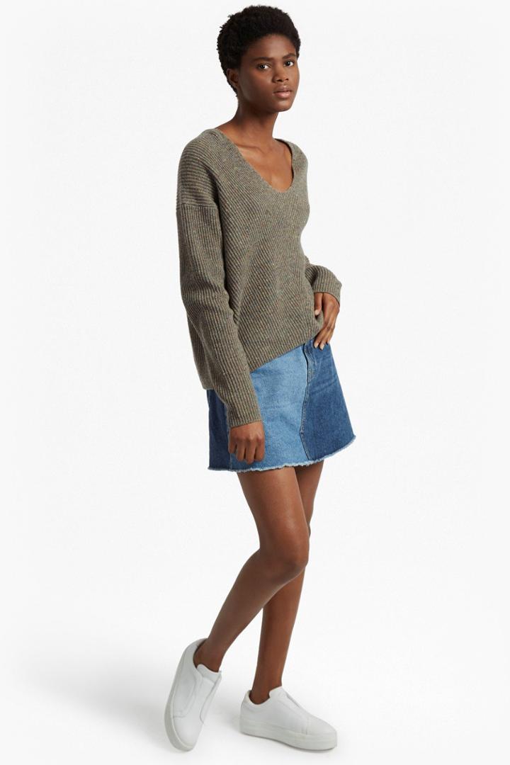 Fcus Two Tone Tweed Knit V Neck Jumper