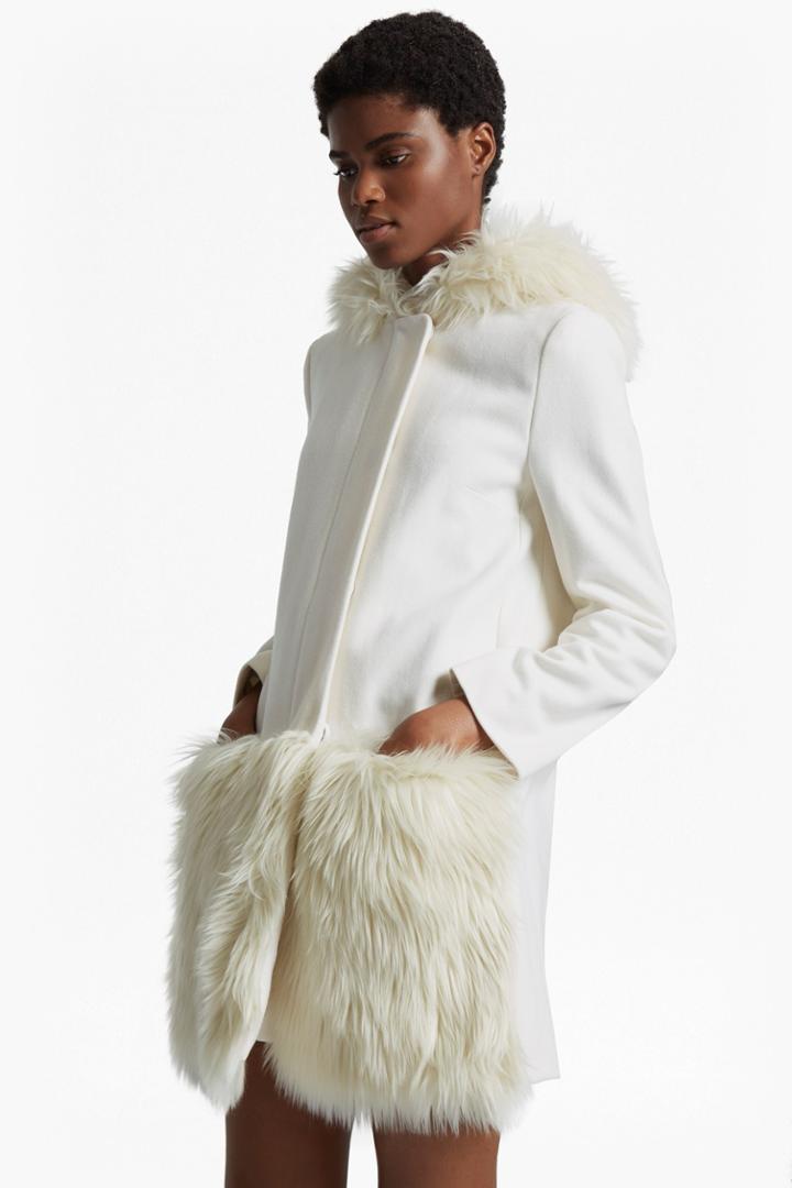 French Connenction Platform Felt Fur Trim Coat