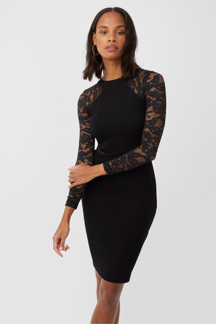 French Connection Viven Lace Jersey Mesh Sleeve Dress