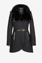 French Connection Belted Faux Fur Collar Tulip Coat