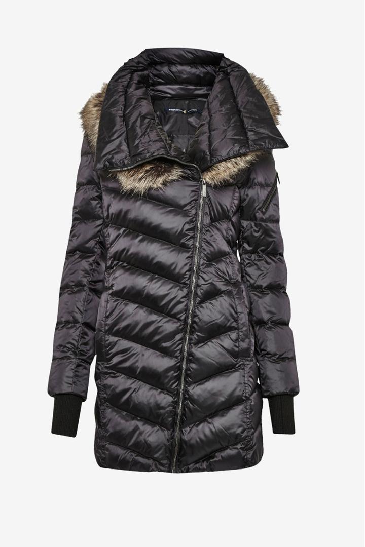 French Connection Moto Asymetric With Fur Trimmed Hood Coat