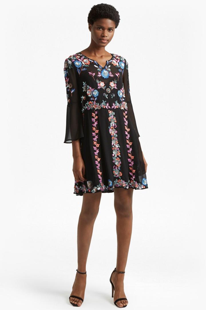 French Connenction Edith Floral Bell Sleeve Flared Dress