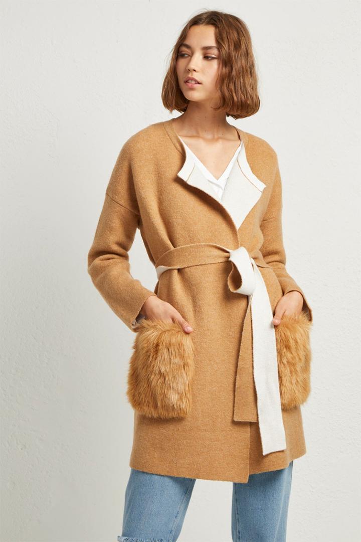 French Connenction Vhari Faux Fur Pocket Cardigan