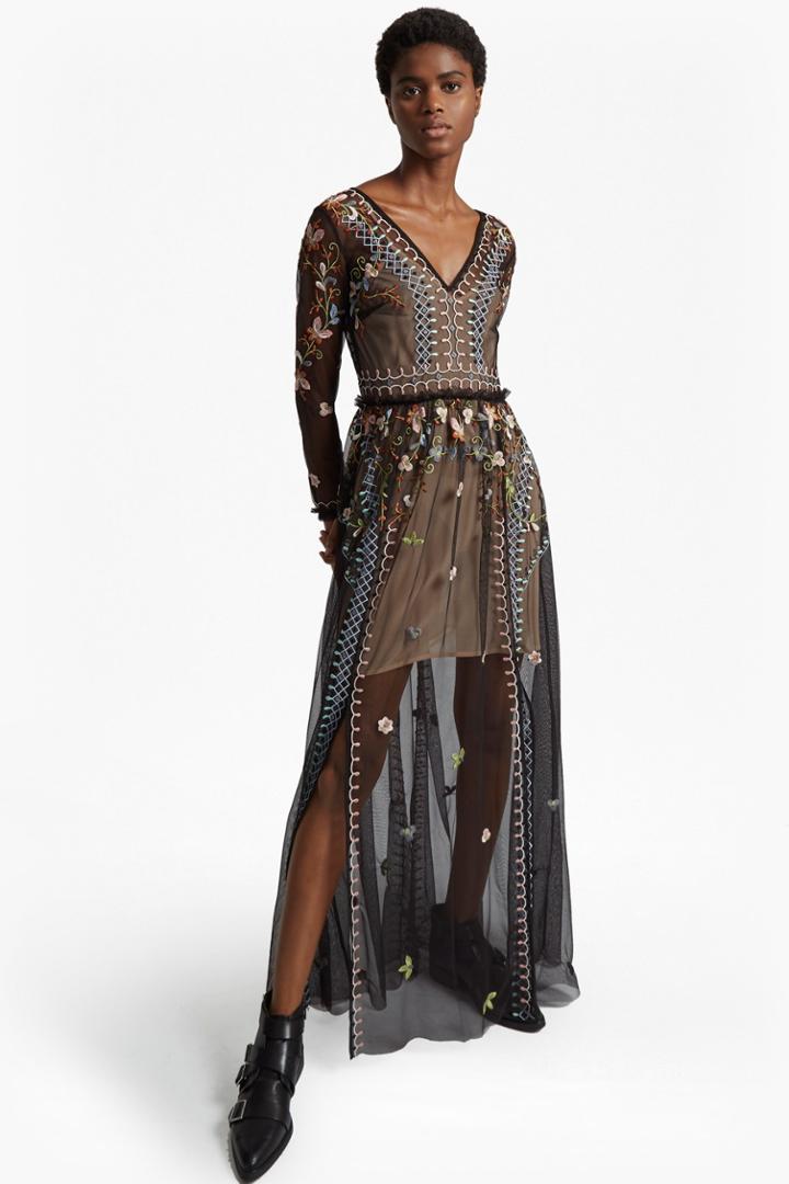 Fcus Bijou Stitch Long Sleeved V Neck Maxi Dress
