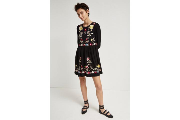 French Connection Saya Crepe Embroidered Flared Dress