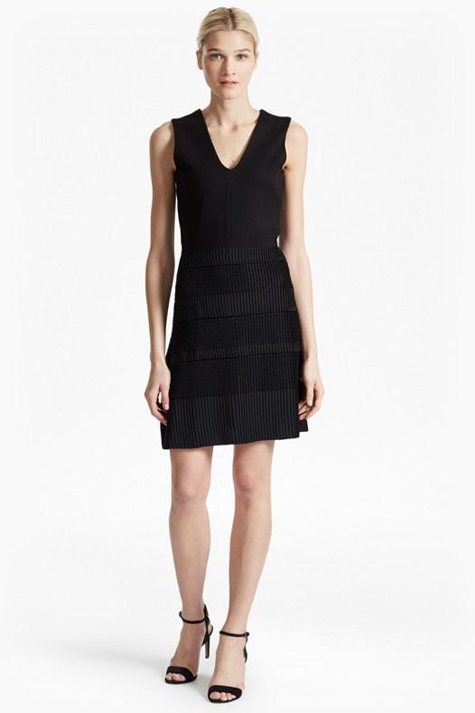 French Connection Pleat Lace Jersey V Neck Dress