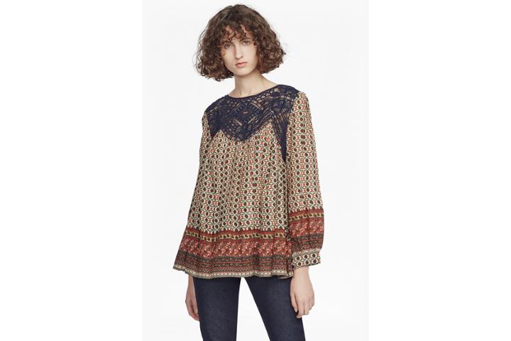 French Connection Lace And Printed Crepe Smock Top