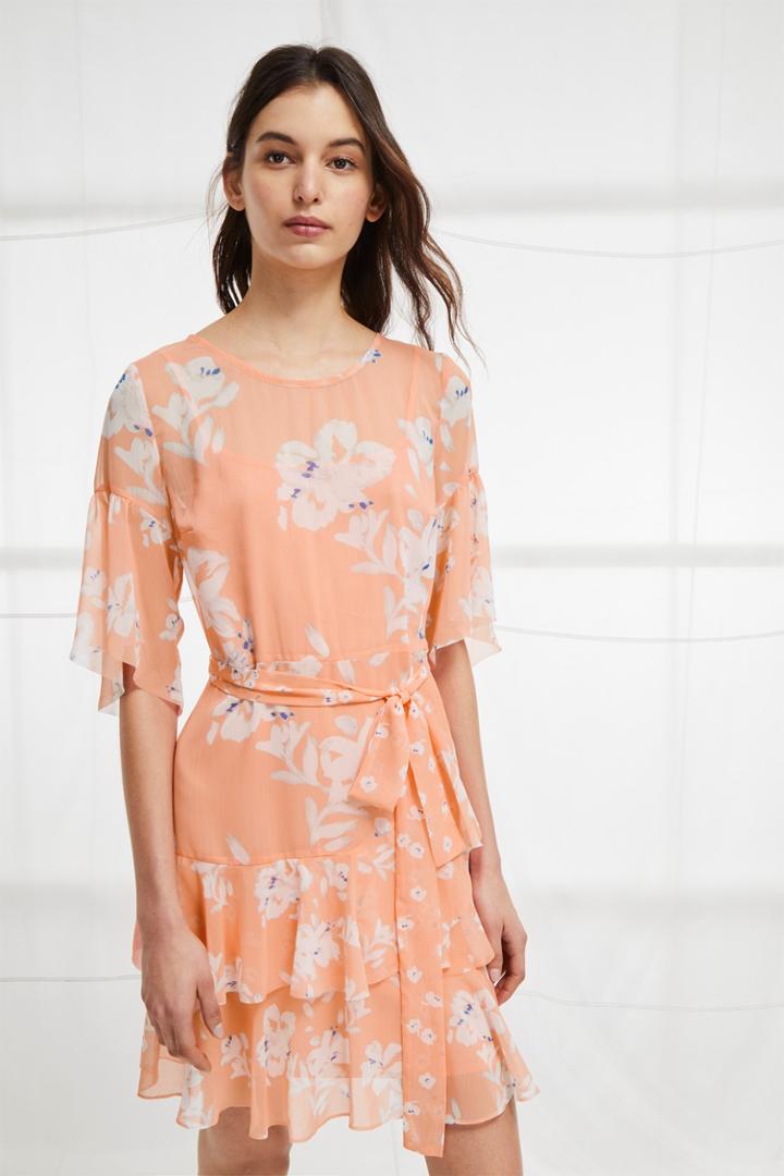 French Connenction Alba Sheer Tie Waist Ruffle Dress