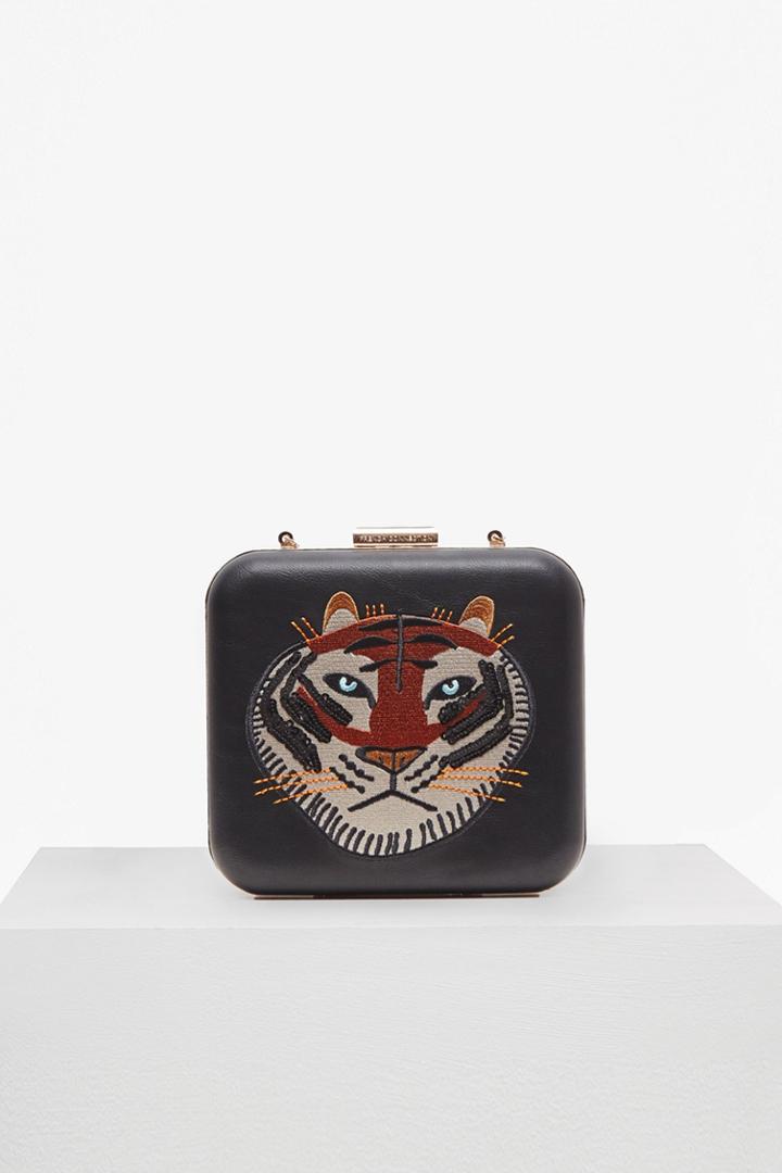 French Connection Embroidered Tiger Face Box Clutch