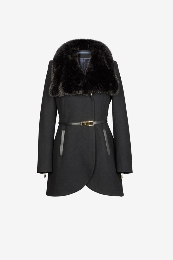 French Connection Leather Belted Fur Collar Tulip Coat