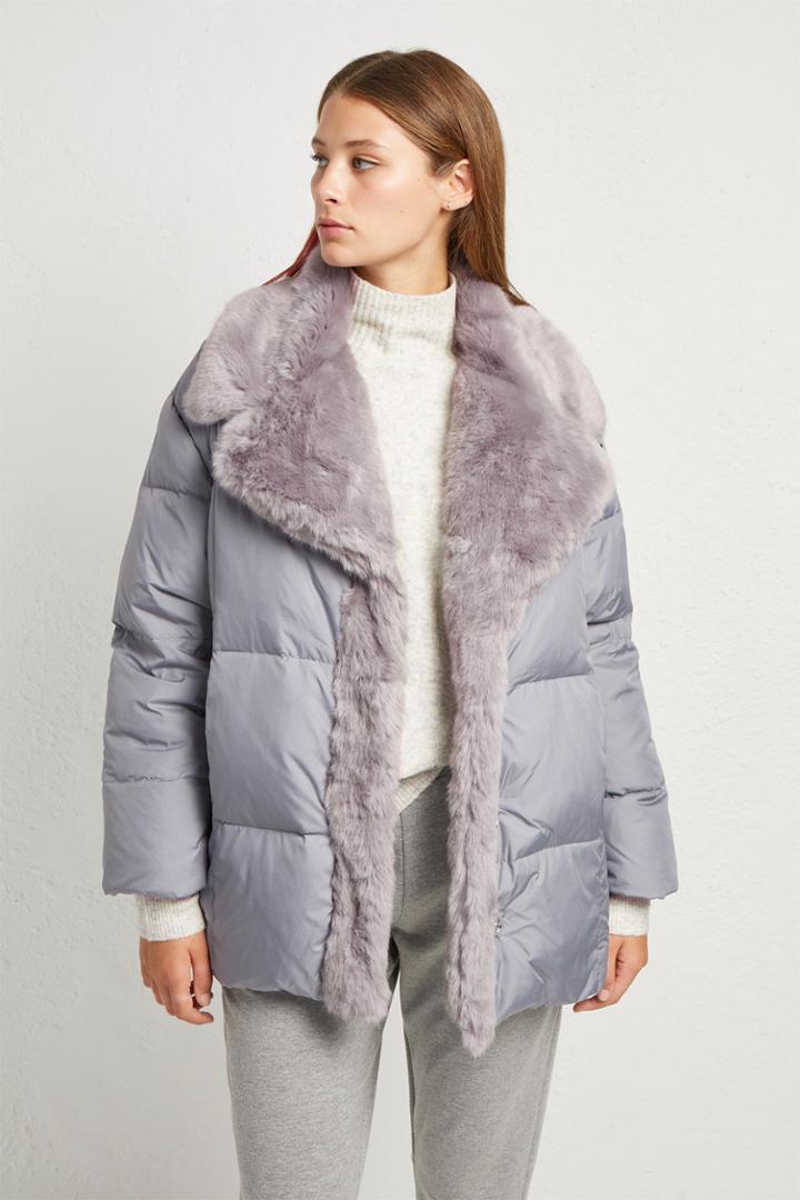French Connenction Devon Quilt Fur Trim Wrap Coat