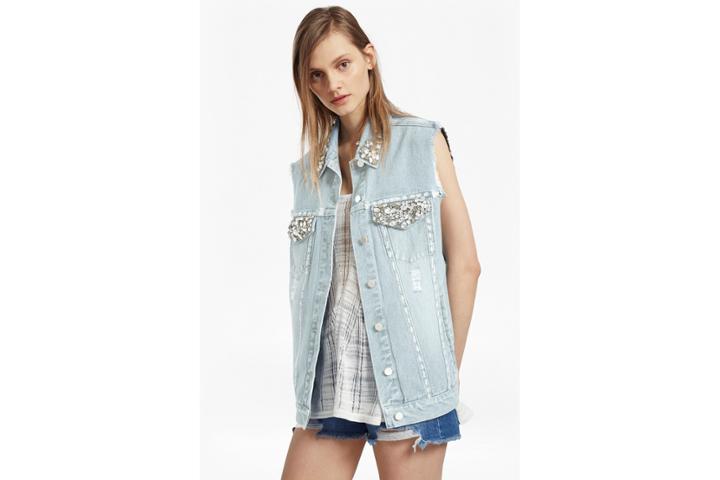 French Connection Essien Embellished Sleeveless Denim Jacket