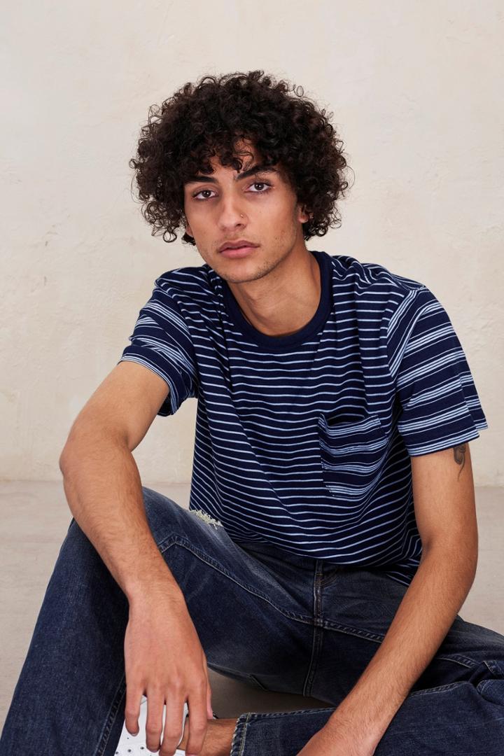 Fcus Block Patchwork Indigo Striped T-shirt