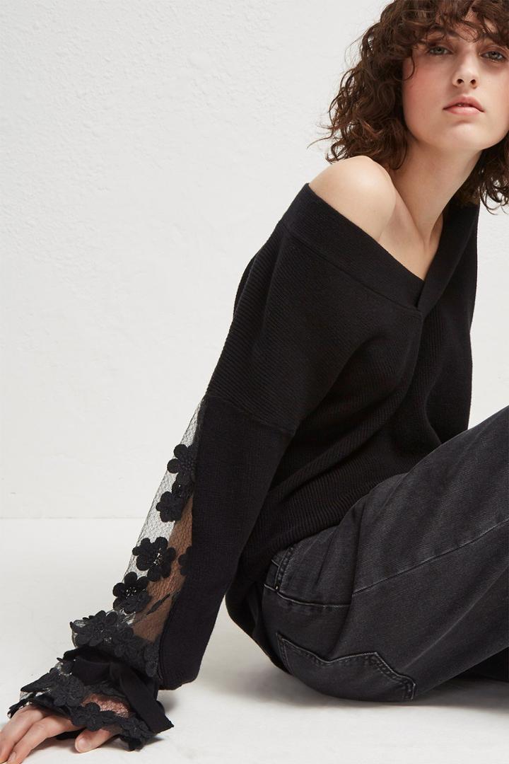 French Connenction Caballo Lace Knit V Neck Sweater