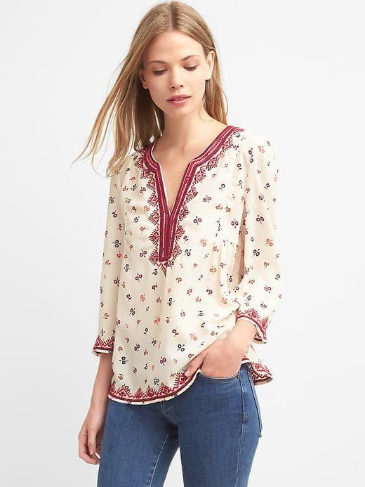 Gap Geo Trim Bell Sleeve Blouse - White Floral