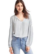 Gap Women Split Neck Long Sleeve Blouse - Blue Stripe