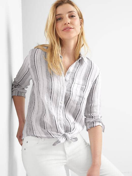 Gap Women Linen Oversize Boyfriend Shirt - Off White Stripe