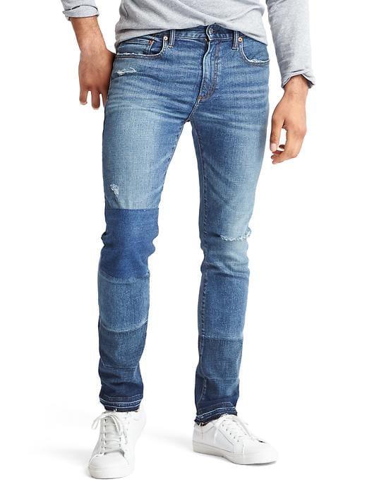 Gap Men Stretch 1969 Patched Skinny Fit Jeans - Indigo Patchwork