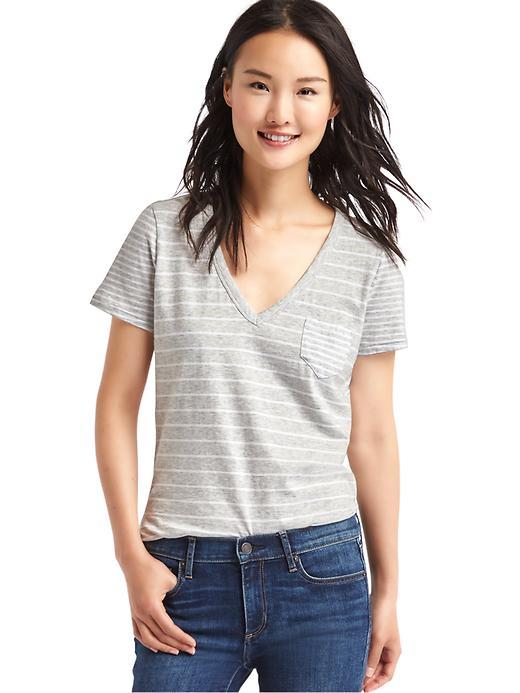 Gap Vintage Wash Contrast Stripe V Neck Tee - Grey Stripe