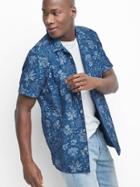 Gap Men Denim Floral Short Sleeve Standard Fit Shirt - Chambray Floral Print