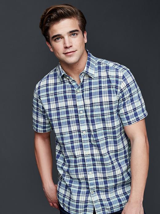 Gap Men Madras Plaid Standard Fit Shirt - Docksider Blue