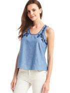Gap Women 1969 Denim Embroidered Floral Tank - Light Indigo