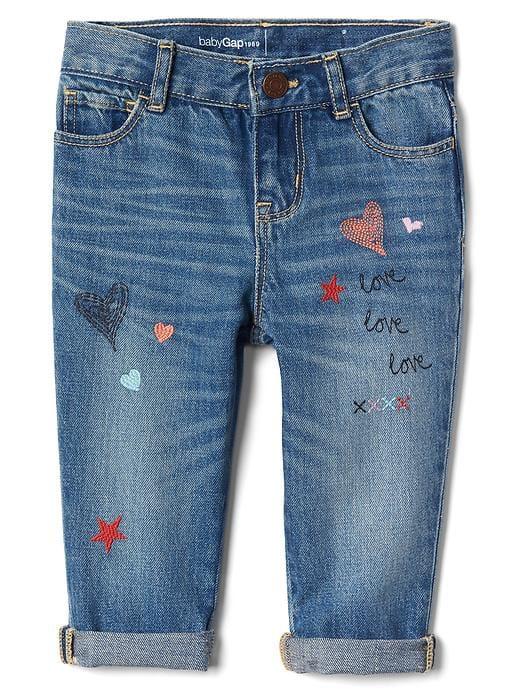 Gap Doodle Embroidery Girlfriend Jeans - Medium Wash