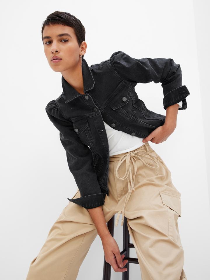 Puff Sleeve Denim Jacket With Washwell