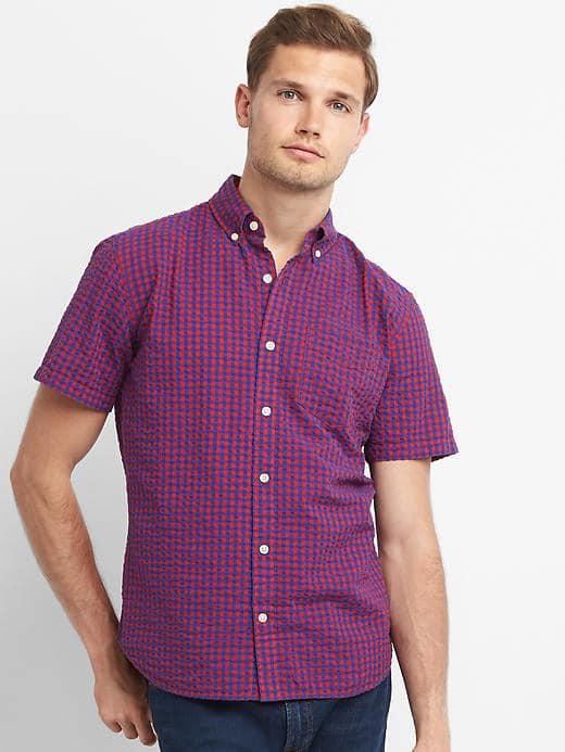 Gap Men Gingham Seersucker Short Sleeve Shirt - Tomato