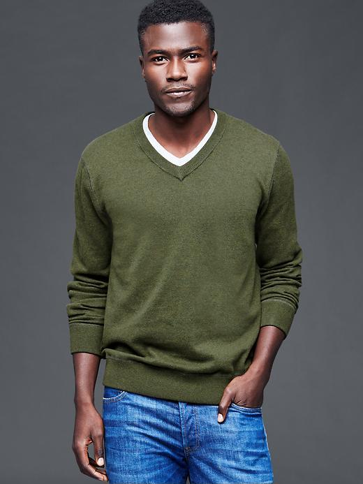 Gap Men Cotton V Neck Sweater - Olive Heather